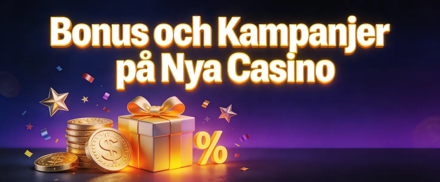 Bonus och kampanjer på nya casino – grafik med guldmynt, gåvor och stjärnor