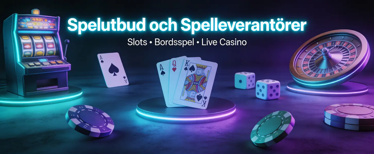 Spelutbud och spelleverantörer – slots, bordsspel och live casino med neonbelysning